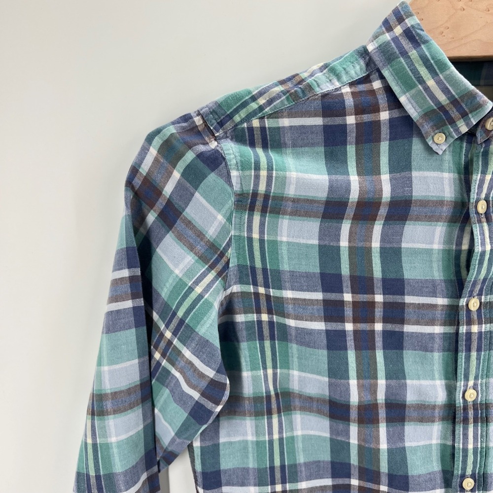 American Eagle Seriously Soft Plaid Shirt Size M Linen Cotton Teal Blue Casual - Picture 3 of 9